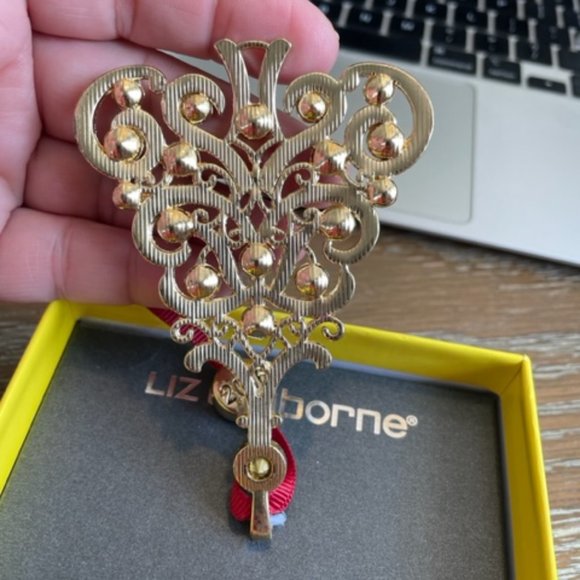 NWT LIZ CLAIBORNE 2016 Holiday Christmas Ornament Jeweled Tree In Box Gold Tone - Picture 4 of 4